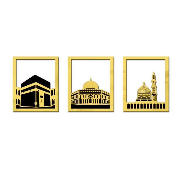 Set Of 3 Masjid Al-Haram - Masjid Al-Aqsa & Masjid An-Nabawi Wall Decor Wall Sticker Muslim Acrylic Mirror Wooden Room Decor (Golden) - MAQHUB