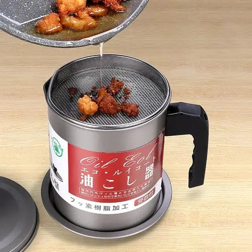 Stainless Steel Oil Fryer with Fine Mesh & Handle - 1.4L Metal Oil Separator & Filter Pot - MAQHUB