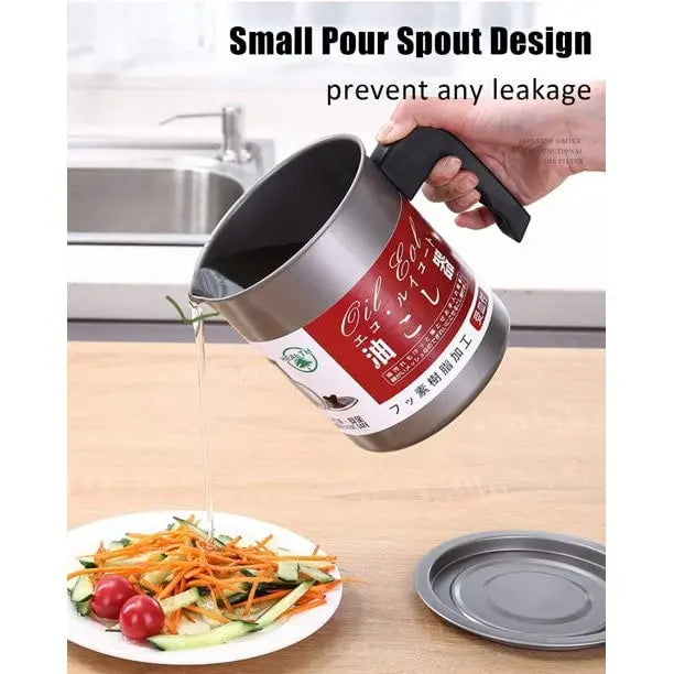 Stainless Steel Oil Fryer with Fine Mesh & Handle - 1.4L Metal Oil Separator & Filter Pot - MAQHUB