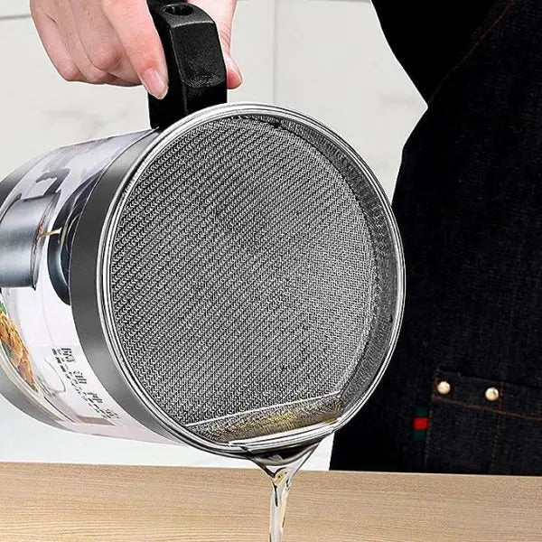 Stainless Steel Oil Fryer with Fine Mesh & Handle - 1.4L Metal Oil Separator & Filter Pot - MAQHUB