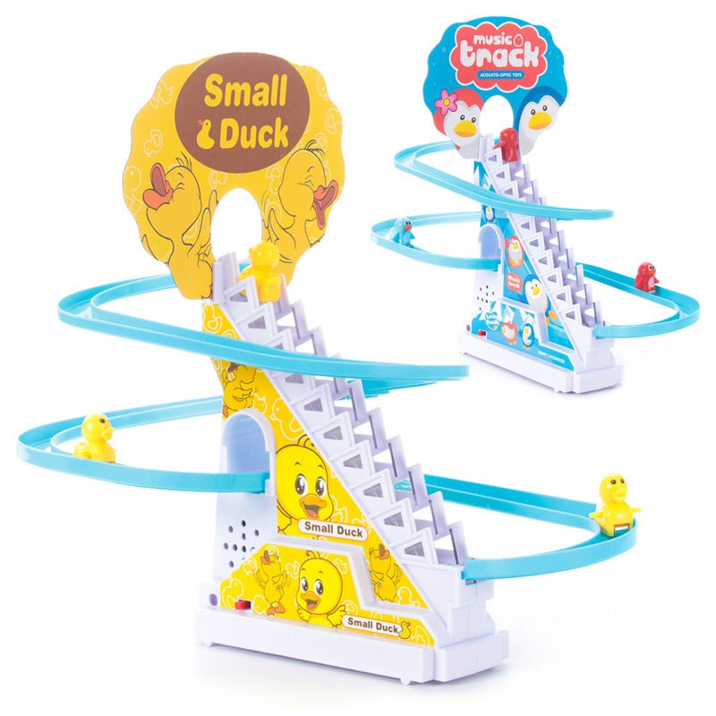 Small Ducks Climbing Toys, Electric Ducks Chasing Race Track Game Set, Playful Roller Coaster Toy with 3 Duck LED Flashing Lights & Music Button, Fun Duck Stair Climbing Toy for Toddlers - MAQHUB