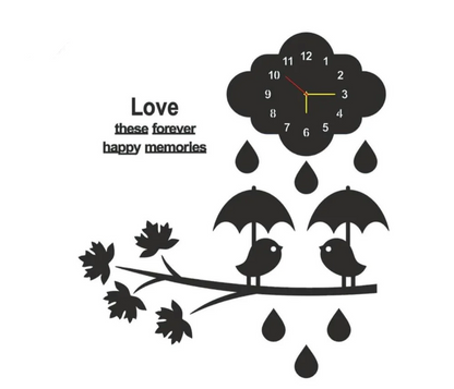 Love Birds with Umbrella Standing On Tree Branch Cloud Raining Wall Clock - MAQHUB