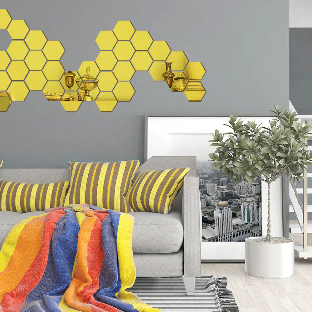 Golden Hexagon Acrylic Mirror Wall Stickers - MAQHUB