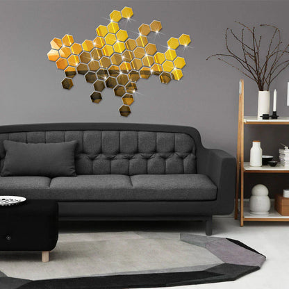 Golden Hexagon Acrylic Mirror Wall Stickers - MAQHUB