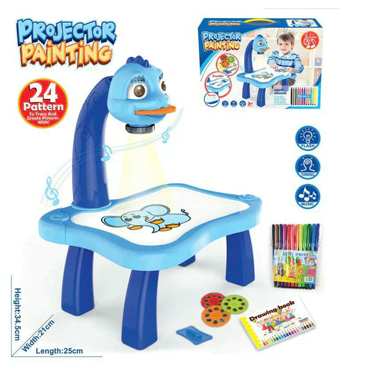 Blue Learning and Drawing Projector Painting Set, Kids Drawing Projector Table, Child Learning Desk, Smart Projector with Light Music - MAQHUB