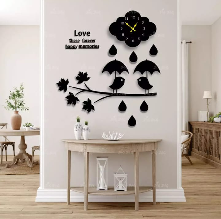 Love Birds with Umbrella Standing On Tree Branch Cloud Raining Wall Clock - MAQHUB