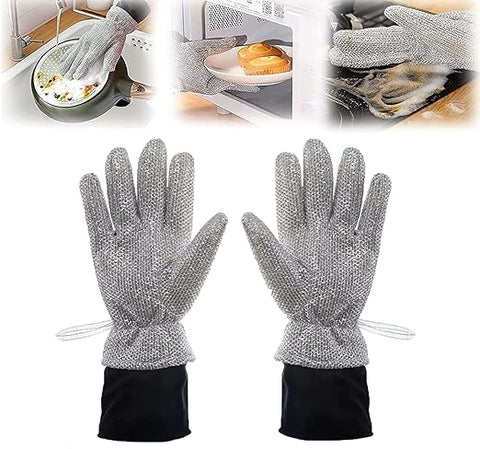 Multipurpose Wire Dishwashing Gloves: For Wet & Dry Cleaning. Non-Scratch Steel Wire Cloths in Glove Shape. Ideal for Dishes, Kitchen Cleaning. Includes Anti-Heat Aluminum Gloves - MAQHUB