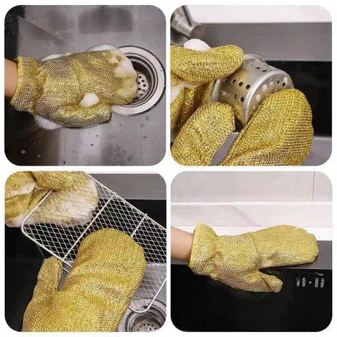 Multipurpose Wire Dishwashing Gloves: For Wet & Dry Cleaning. Non-Scratch Steel Wire Cloths in Glove Shape. Ideal for Dishes, Kitchen Cleaning. Includes Anti-Heat Aluminum Gloves - MAQHUB