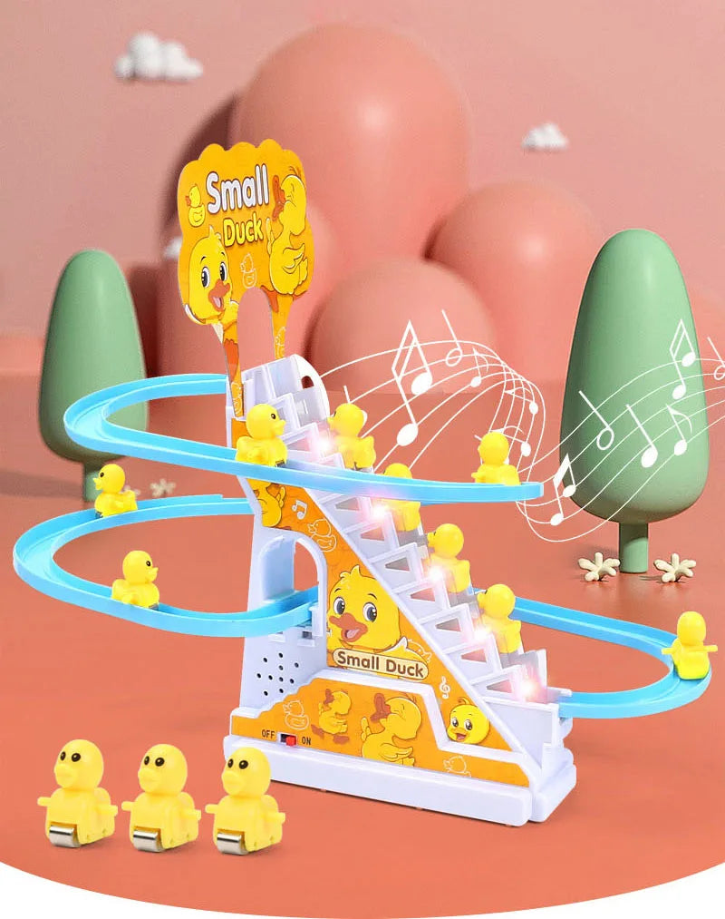 Small Ducks Climbing Toys, Electric Ducks Chasing Race Track Game Set, Playful Roller Coaster Toy with 3 Duck LED Flashing Lights & Music Button, Fun Duck Stair Climbing Toy for Toddlers - MAQHUB