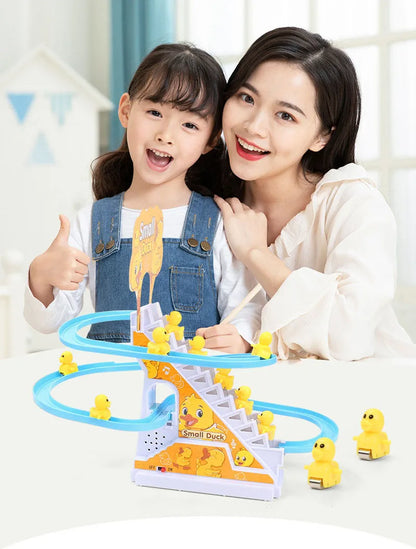 Small Ducks Climbing Toys, Electric Ducks Chasing Race Track Game Set, Playful Roller Coaster Toy with 3 Duck LED Flashing Lights & Music Button, Fun Duck Stair Climbing Toy for Toddlers - MAQHUB