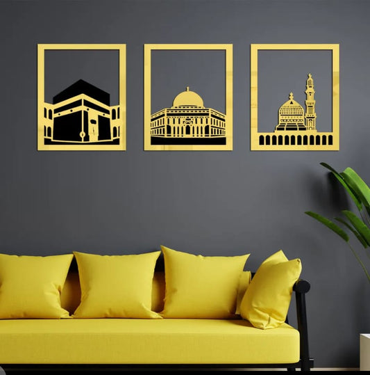 Set Of 3 Masjid Al-Haram - Masjid Al-Aqsa & Masjid An-Nabawi Wall Decor Wall Sticker Muslim Acrylic Mirror Wooden Room Decor (Golden) - MAQHUB