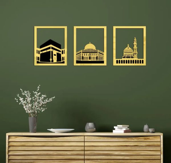 Set Of 3 Masjid Al-Haram - Masjid Al-Aqsa & Masjid An-Nabawi Wall Decor Wall Sticker Muslim Acrylic Mirror Wooden Room Decor (Golden) - MAQHUB