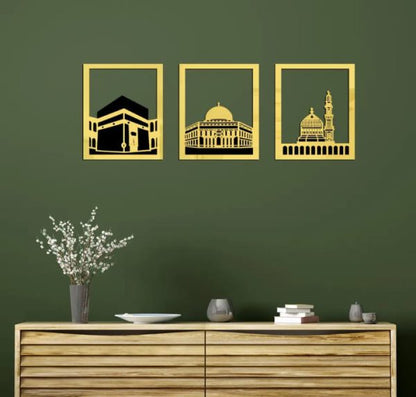 Set Of 3 Masjid Al-Haram - Masjid Al-Aqsa & Masjid An-Nabawi Wall Decor Wall Sticker Muslim Acrylic Mirror Wooden Room Decor (Golden) - MAQHUB