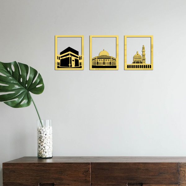 Set Of 3 Masjid Al-Haram - Masjid Al-Aqsa & Masjid An-Nabawi Wall Decor Wall Sticker Muslim Acrylic Mirror Wooden Room Decor (Golden) - MAQHUB