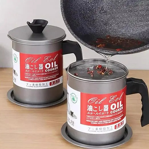 Stainless Steel Oil Fryer with Fine Mesh & Handle - 1.4L Metal Oil Separator & Filter Pot - MAQHUB