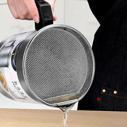 Stainless Steel Oil Fryer with Fine Mesh & Handle - 1.4L Metal Oil Separator & Filter Pot - MAQHUB